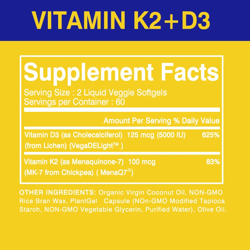 Vitamin D3+K2 Supplement 5000IU Vitamin D3 and K2 (MK-7) Capsules for Bone, Heart, Muscle, Immune Support