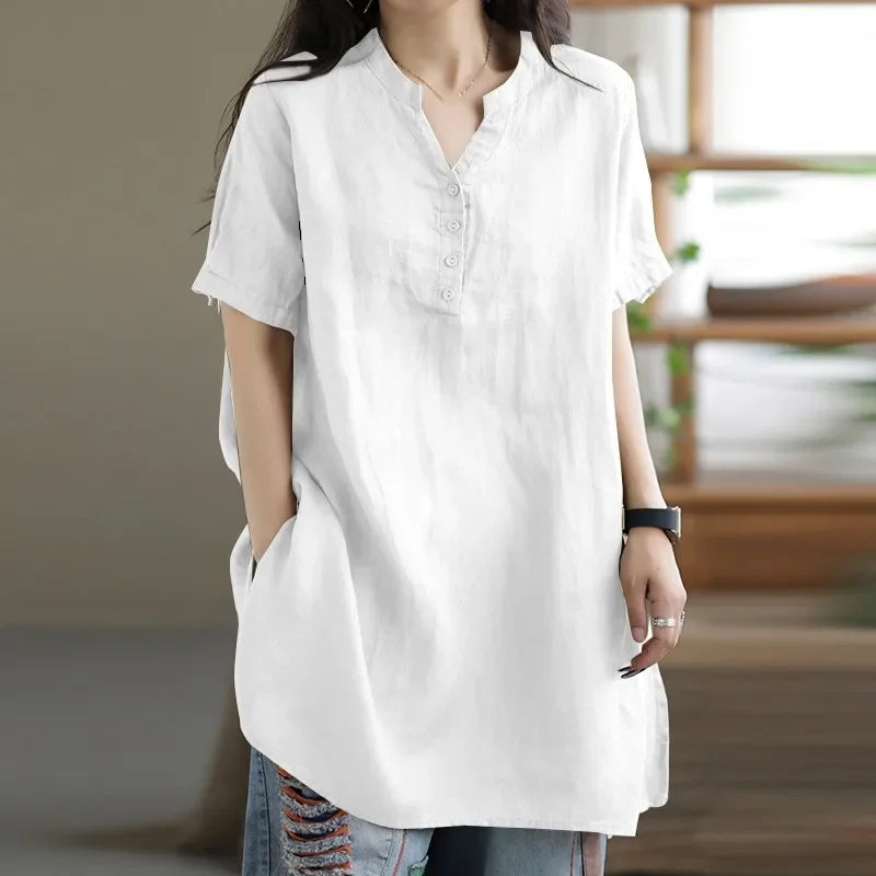2024 Summer Fashion Cotton and Hemp Women's Shirt Commuting Style Casual Half Open Short Sleeve Casual Shirt Top