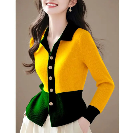 2024 Patchwork New Autumn Winter Polo Knitting Cardigan Sweater Coat Fashion All-match Long Sleeve Temperament Top Tee Women's Yellow