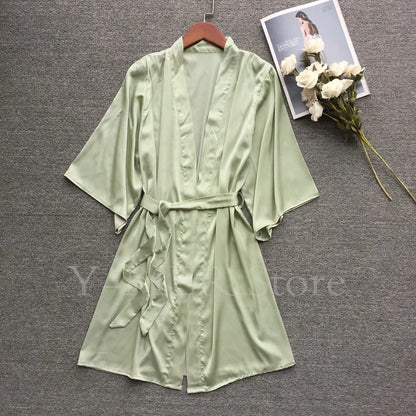 Sexy Embroider Edge Lady Kimono Bathrobe Dress Gown Mesh Sleeve Wedding Long Robe Sleepwear Loose Silk Satin Nightwear Lingerie Green B