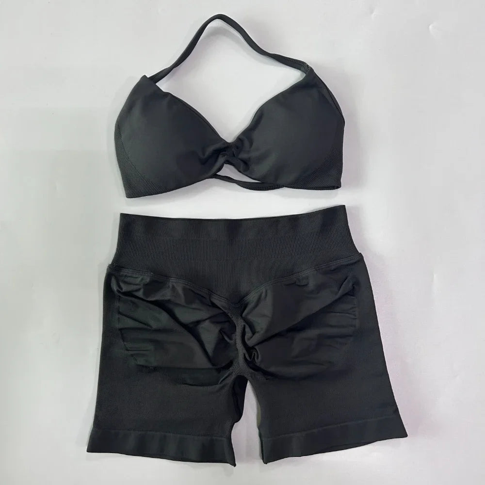 NO LOGO 2PCS Gym Set Women Strappy Yoga Bra Top High Waist Workout Scrunch Shorts Sports Suit Seamless Yoga Set Fitness Clothes Badiee Stylez