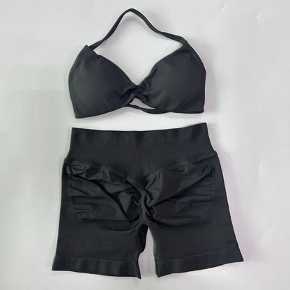 NO LOGO 2PCS Gym Set Women Strappy Yoga Bra Top High Waist Workout Scrunch Shorts Sports Suit Seamless Yoga Set Fitness Clothes Badiee Stylez