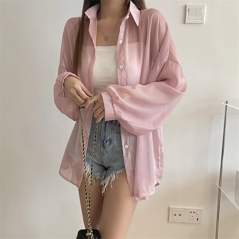 Semi Sheer Long Sleeve Shirt for Women Shimmer Button Down Collared Plain Lightweight Shirt Spring Summer Chic Tops Outfit