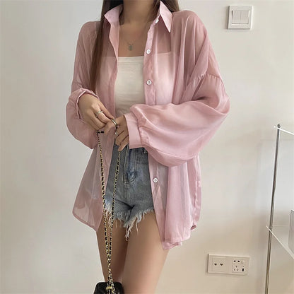 Semi Sheer Long Sleeve Shirt for Women Shimmer Button Down Collared Plain Lightweight Shirt Spring Summer Chic Tops Outfit