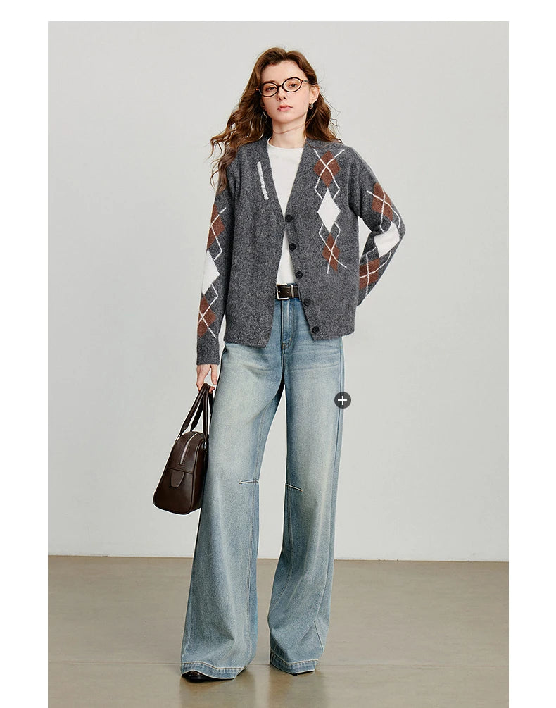 TOYOUTH Women Knitted Sweater 2025 Autumn New Grid Pattern V Neck Single Breasted Button Knitted Cardigan Coat Gray