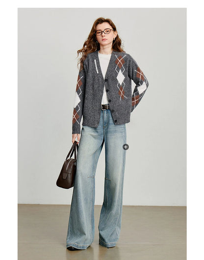 TOYOUTH Women Knitted Sweater 2025 Autumn New Grid Pattern V Neck Single Breasted Button Knitted Cardigan Coat Gray