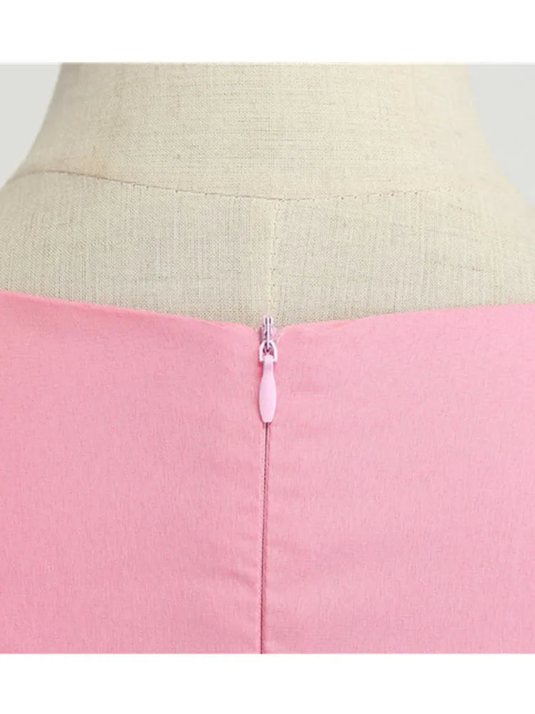 Pink Summer Dress Women V Neck Vintage Robe Elegant Retro pin up Party Office Midi Dresses