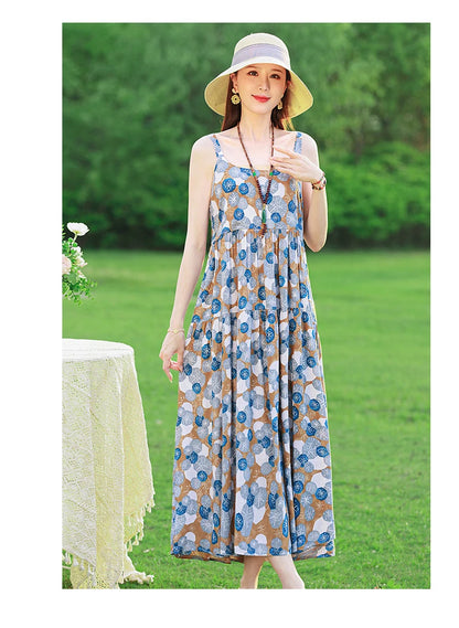 New Fashion Casual 2025 Summer Elegant Dresses For Women O-Neck Print Vintage Sleeveless Dress Loose Women Clothing