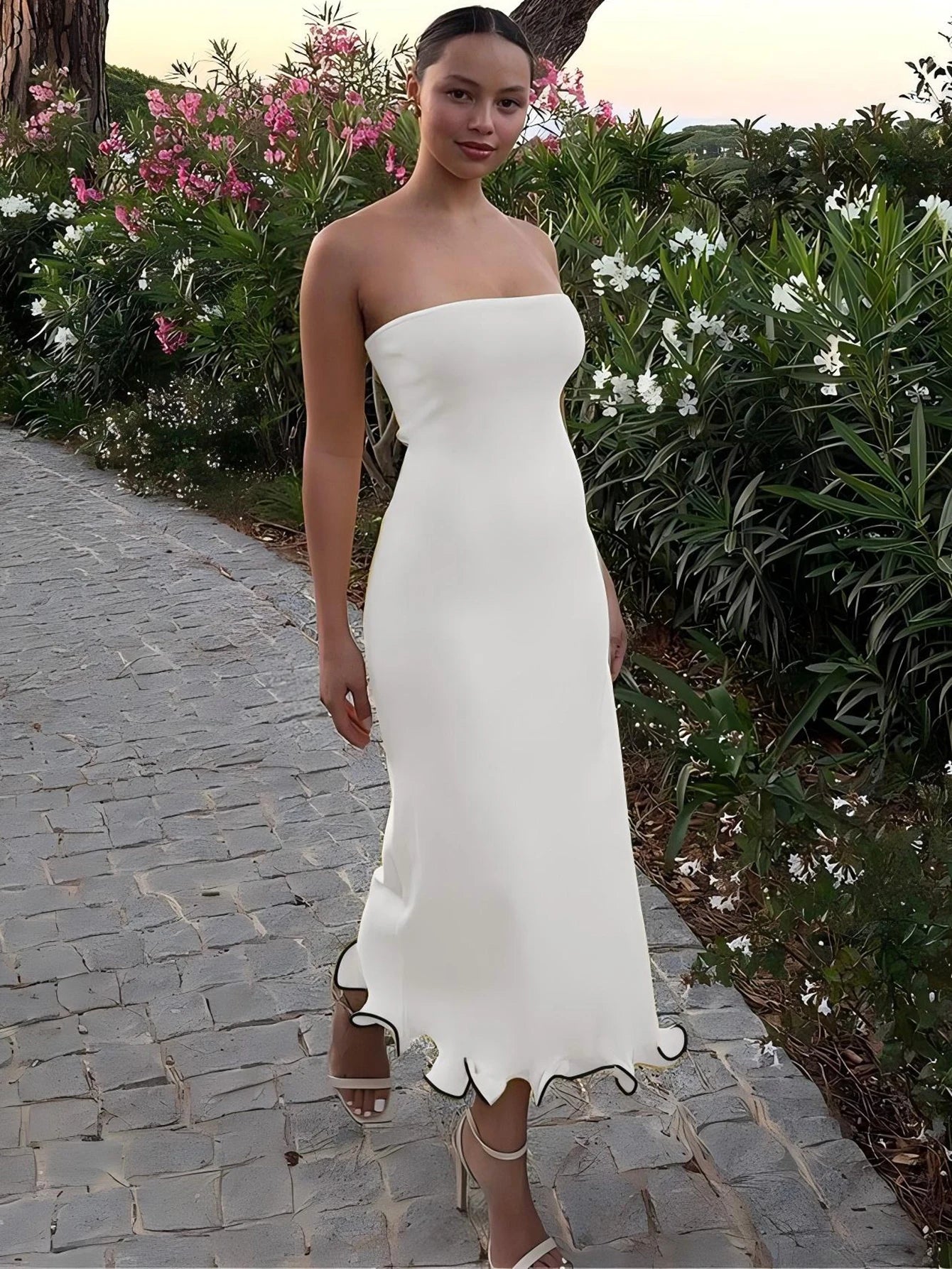 Dulzura Sleeveless Ruffles Patchwork Strapless Bodycon Midi Dress Women'S Solid Sexy Outfit Party Clubwear For Autumn Winter WHITE