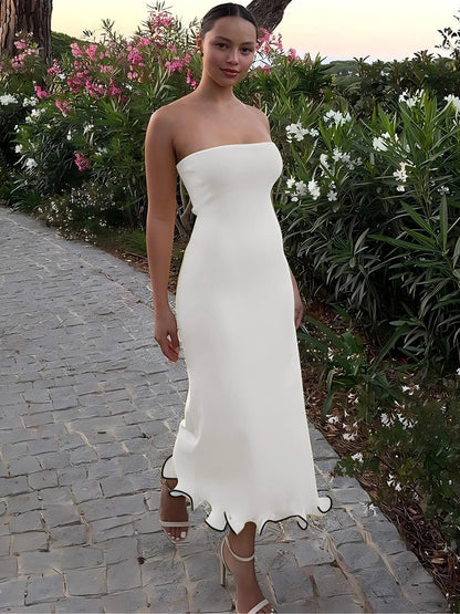 Dulzura Sleeveless Ruffles Patchwork Strapless Bodycon Midi Dress Women'S Solid Sexy Outfit Party Clubwear For Autumn Winter WHITE