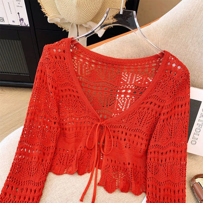 French Mori Girl Style Women's Hollow Out Crochet Sun Protection Commuter Knitted Cardigan Long-sleeved Sweet Short Top