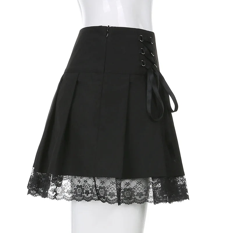 Girl Retro Pleated Skirt Lace Up High Waist Plaid Mesh Stitching Hem Y2K Aesthetic Gothic Black Mini Skirts Bodycon