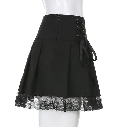 Girl Retro Pleated Skirt Lace Up High Waist Plaid Mesh Stitching Hem Y2K Aesthetic Gothic Black Mini Skirts Bodycon