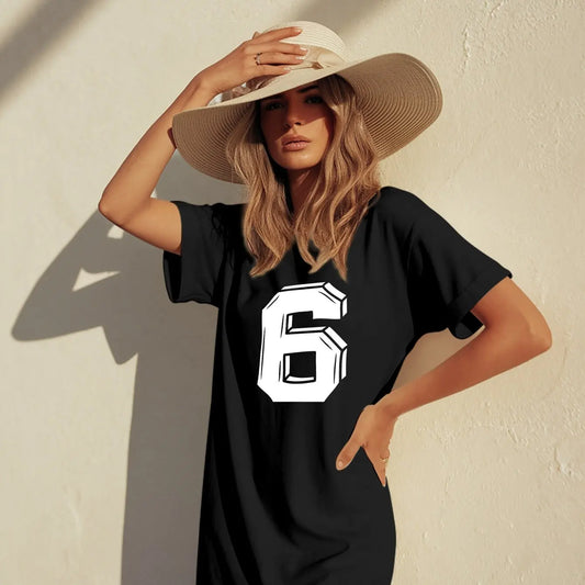 Plus Size Lucky Number 6 Women's Vibrant T-Shirt Dress with Bold White '6' Printed Casual Round Neck Short Sleeve Summer Dress CDXQ-53