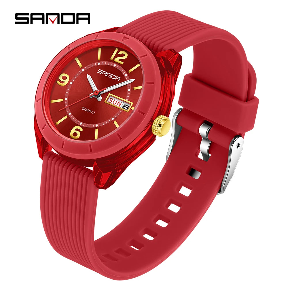 SANDA Quartz Watch for Women Waterproof Auto Date Week Elegant Luxury Ladies Wristwatch Waterproof Analog Women's Watches Red