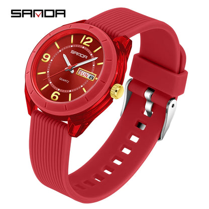 SANDA Quartz Watch for Women Waterproof Auto Date Week Elegant Luxury Ladies Wristwatch Waterproof Analog Women's Watches Red