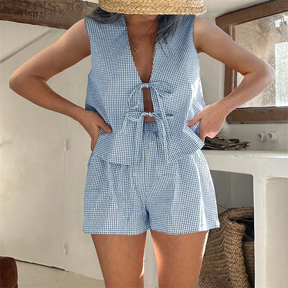 Women 2-Piece Shorts Set Plaid Print Lacing V-Neck Sleeveless Tank Tops Elastic Waistband Shorts Loungewear Outfits
