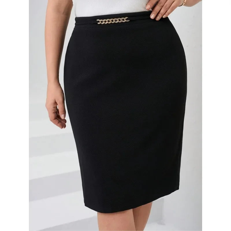 Plus Size 1XL-5XL Women’sTrendy Elastic Mid Length Skirt Slimming-fit Women Casual High Waisted Knee Length Tight Skirt