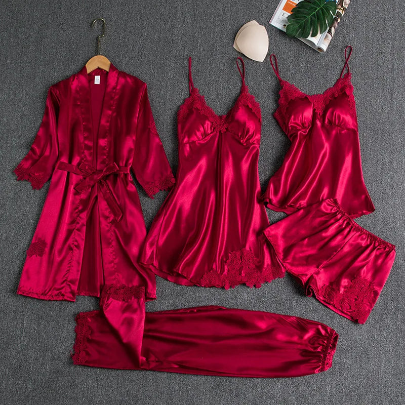 5PCS Women's Ice Silk Sexy Pajama Set Breathable Lace Satin Pajama Bathrobe Five Piece Set Casual Home Clothes Spring and Summer Red