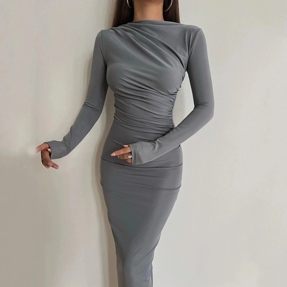 Sexy Bodycon Long Sleeve Midi Dress Women 2024 Autumn Slim Solid Party Package Hip Elegant Dresses For Women Robe Femme