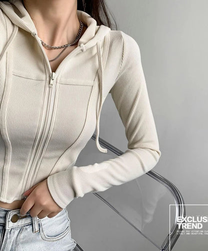 Thin Hooded Cardigan Women Korean Vintage Slim Summer Solid Sports Jacket Vertical Pit Stripe Zipper Female Sexy Cropped Tops