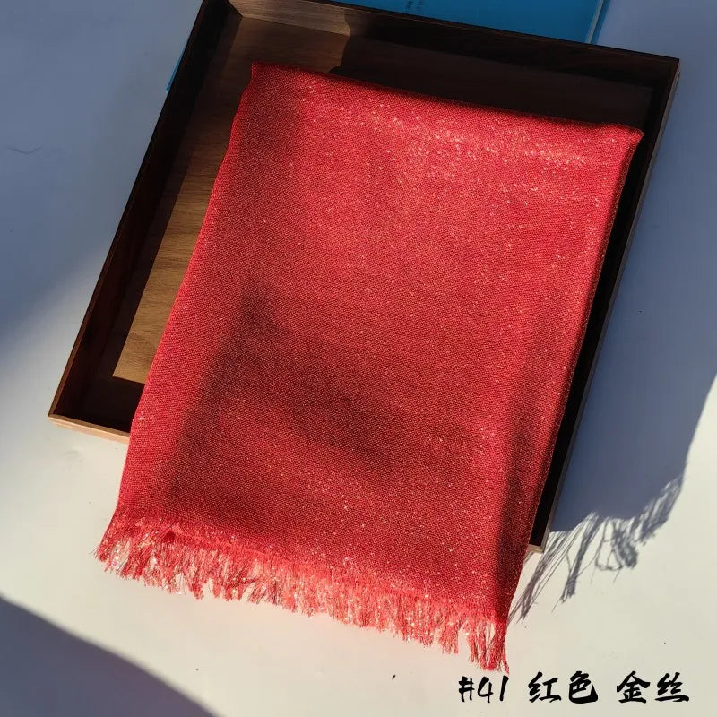 Lastest Brand Design Scarf Shiny Solid Color Shawls Rayon Fabric Gold Silk Silver Wire Head Shawl Fringe Hijab For Women 41