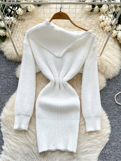 SINGREINY Autumn Knitwear Bodycon Dress Diagonal Collar High Elastic Slim Fit Design Female Light Luxury Solid Sweater Dress