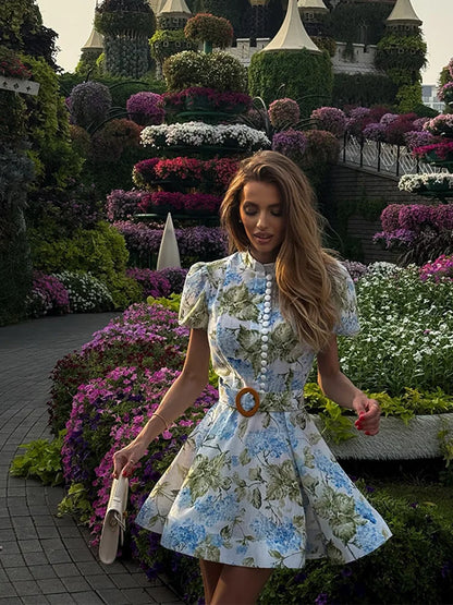 Women Floral A-line Mini Dress Short Sleeve Button-front Stand Collar Belted 2025 Summer Elegant Vestido Ladies Chic Party Dress