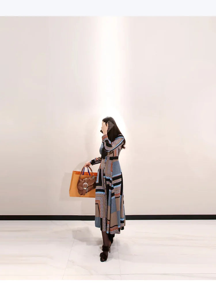 H Han Queen Vintage Print Elegant Long Dress Women Spring Single-breasted Shirt Dresses Waist Swing Ankle-length Vestidos