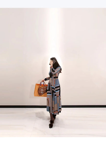 H Han Queen Vintage Print Elegant Long Dress Women Spring Single-breasted Shirt Dresses Waist Swing Ankle-length Vestidos