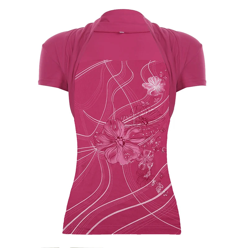 HEYounGIRL Y2K Floral Print Chic T-shirt Pink Vintage Short Sleeve Women Fitted Crop Top 2000s Outfits Fashion Summer Tee Shirts Pink