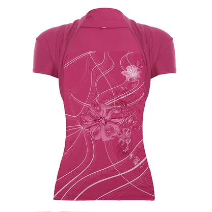 HEYounGIRL Y2K Floral Print Chic T-shirt Pink Vintage Short Sleeve Women Fitted Crop Top 2000s Outfits Fashion Summer Tee Shirts Pink