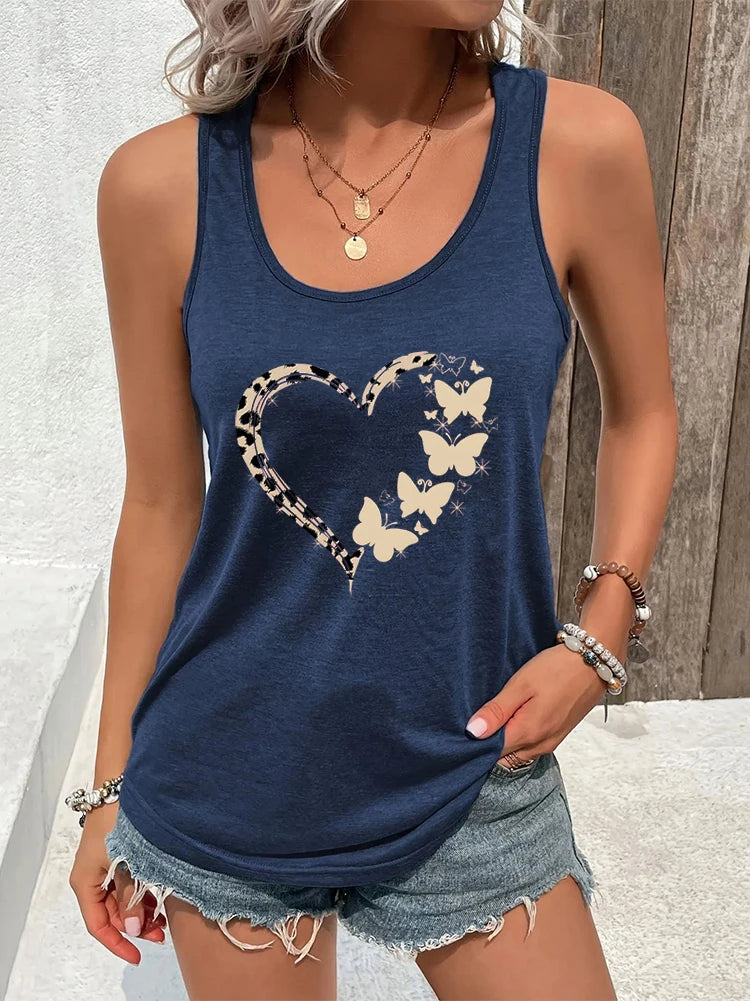 Woman Racerback Tank Top Leopard Butterfly Print Sexy Tops Butterfly Lover Gift Summer Outfit Heart Leopard Print Summer Tanks