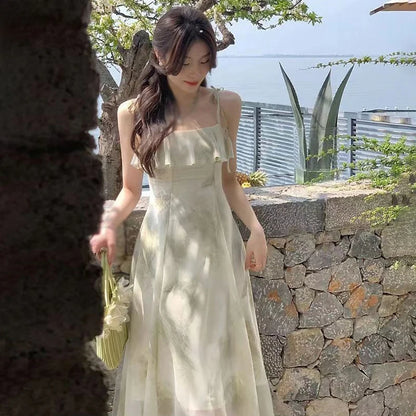 Women's Tie-Dye Floral Sleeveless Halter Dress Summer Waist Slim Long Dress Ruffle Leaf Hem Halter Tenderness Dresses green