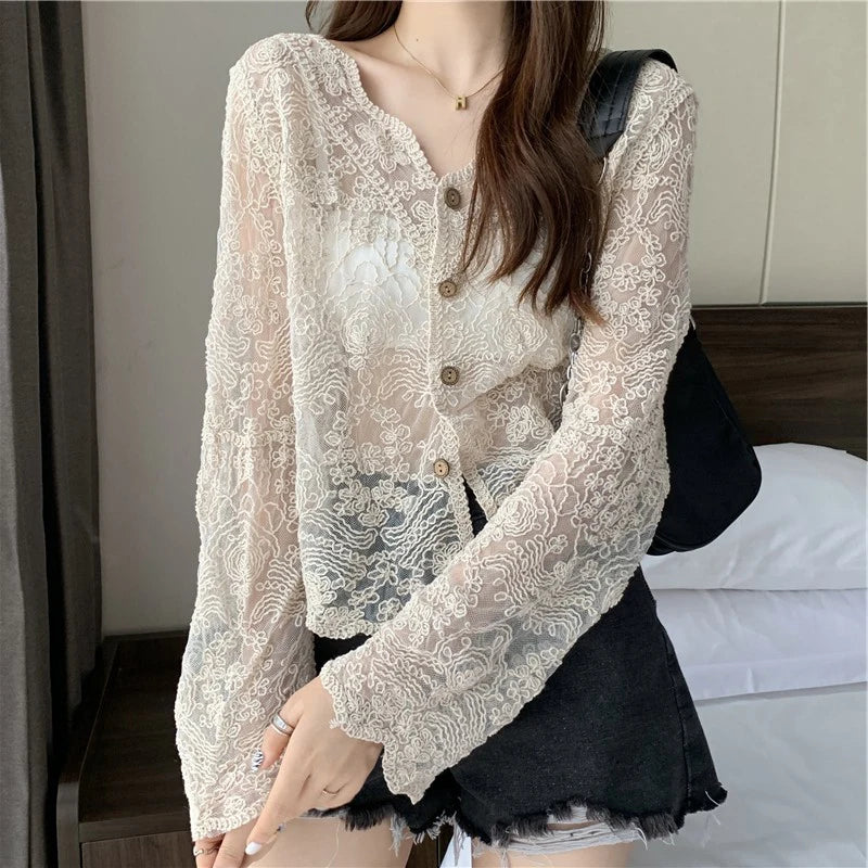 Vintage Summer Lace Blouses Women See Through Sheer Long Sleeve Sun Shirts Korean Style Casual Sun Protection Sexy Ladies Tops