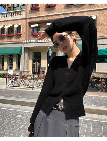 AOSSVIAO Knitted Casual Cardigan 2025 Autumn Winter Elegance Solid Color V-neck Sweater Unique and Niche Slim Fit Tops Badiee Stylez