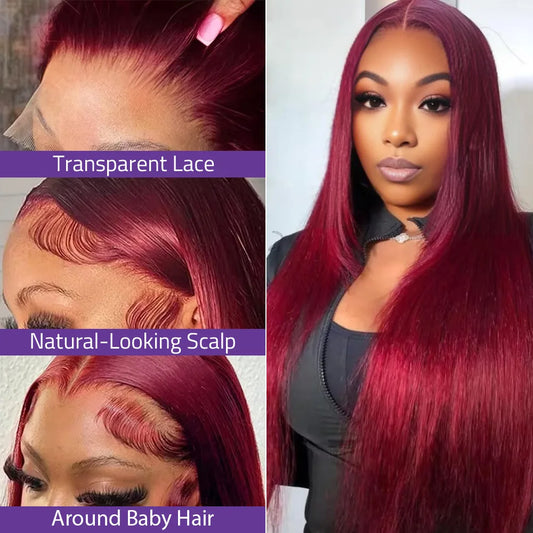30Inch Burgundy Bone Straight 99J Colored 13x4 Lace Front Wig Human Hair 13x6 HD Transparent Lace Frontal Wigs For Women Badiee Stylez
