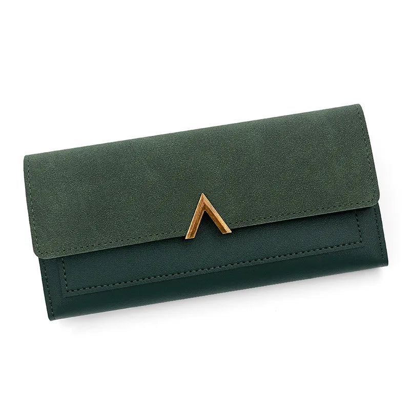 New Korean version women's wallet long V-shaped buckle three fold wallet for women, hand-held bag, change card bag Green
