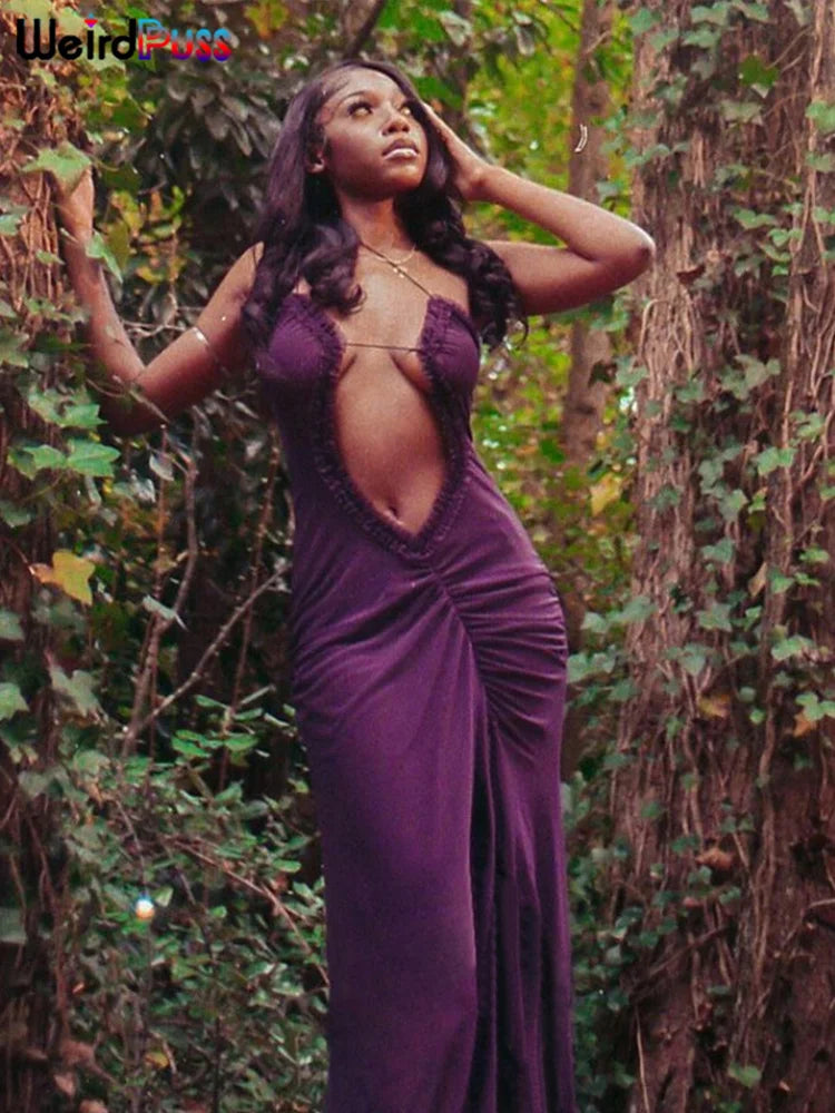 Weird Puss Side Split Women Dress Spaghetti Strap Halter Neck Edible Tree Fungus Hollow Out Sexy Evening Party Ladies Vestido