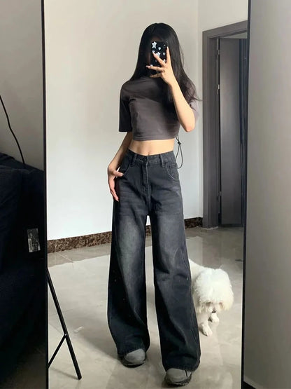 Korean Vintage High Waist Women's Jeans Y2K Slimming Pear-Shaped Loose Straight Bell Bottoms Black Gray Baggy Denim Trousers - Badiee Stylez