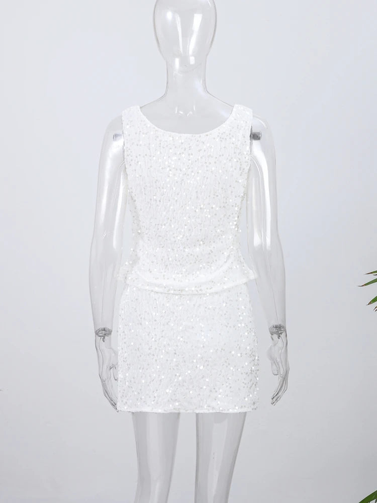 O-neck Vest Mini Skirt Suits Women Sexy sparkly Sequined Sleeveless Tank Tops With Bodycon Short Skirts Fashion Ladies Beachwear
