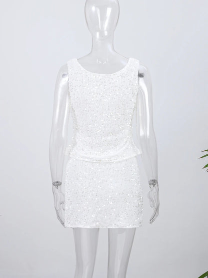O-neck Vest Mini Skirt Suits Women Sexy sparkly Sequined Sleeveless Tank Tops With Bodycon Short Skirts Fashion Ladies Beachwear