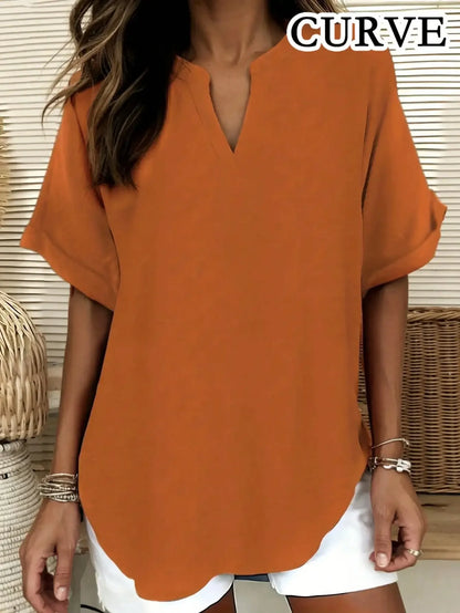 Plus Size 1XL-5XL Women's Fashion Solid Color Notched Top Ladies Casual Short Sleeve Summer V-Neck Blouse Shirt Tops Orange