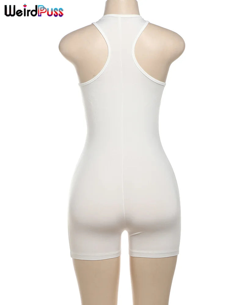 Weird Puss Letter Print Romper Women Low-Neck Sporty Casual Sleeveless Stretch Activity Skinny Playsuit Tight Short Overalls