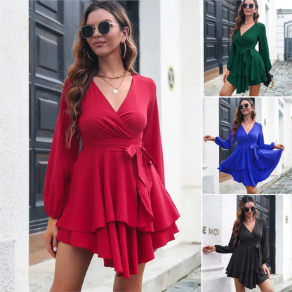 Sexy V-neck cinched waist lace up layered ruffle edge long sleeved dress for spring autumn women fashionable elegant short skirt