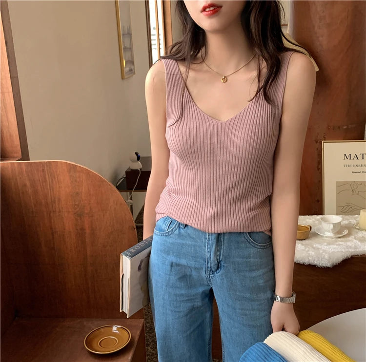 Solid Color Basic Women's Vest Tank Top Solid Color Knitted Tees Top Cropped Top Camisole Sweater V-neck Summer Sleeveless