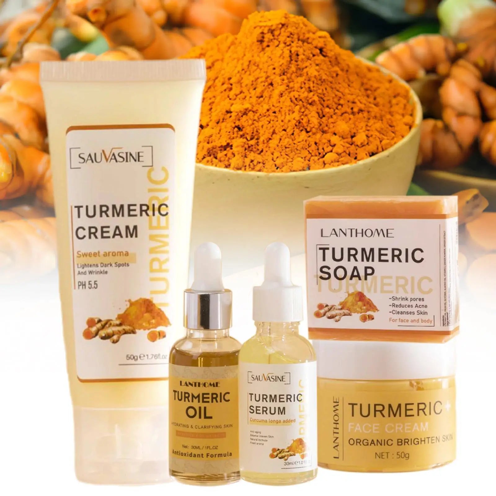 5 Piece Set Turmeric Facial Care Acne Cleansing Cream,Anti-Aging Serum,Dark Spot Moisturizer Fade Spots for Radiant Skin Care 5pcs set