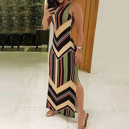 Colorful Striped Print Side Slit Maxi Dress Women Colorblock Sleeveless Slim Long Dresses Summer Streetwear Vestidos Para Mujer N435-Colorful