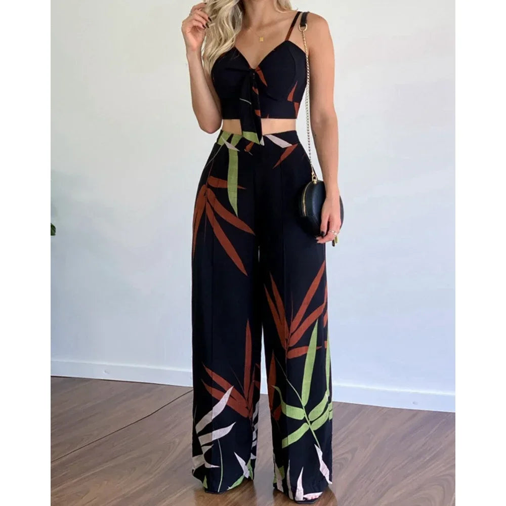 Summer Women Tropical Print Spaghetti Strap Casual Lace up Back Top &High Waist Pants Set 2 Pieces Suit Sets 2023 Woman Clothing black