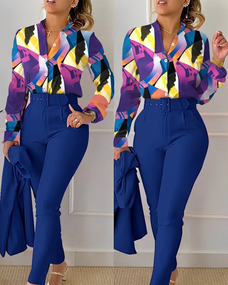 Elegant Women Printed Two Piece Suit Sets Spring Autumn V Neck Long Sleeve Shirt Top & Long Pants Set With Belt Workwear Outfits